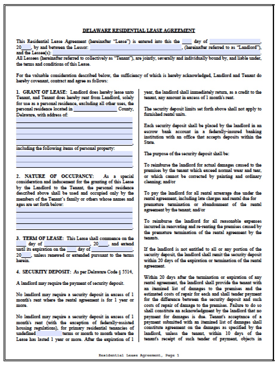 Free Delaware Standard Residential Lease Agreement PDF Word (.doc)