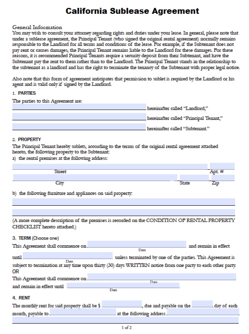 sublease agreement form